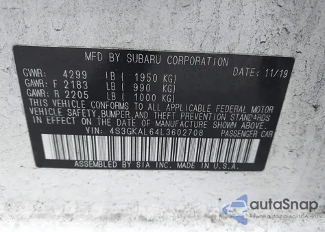 2020 Subaru Impreza Sport z USA, uszkodzony, nr VIN 4S3GKAL64L3602708